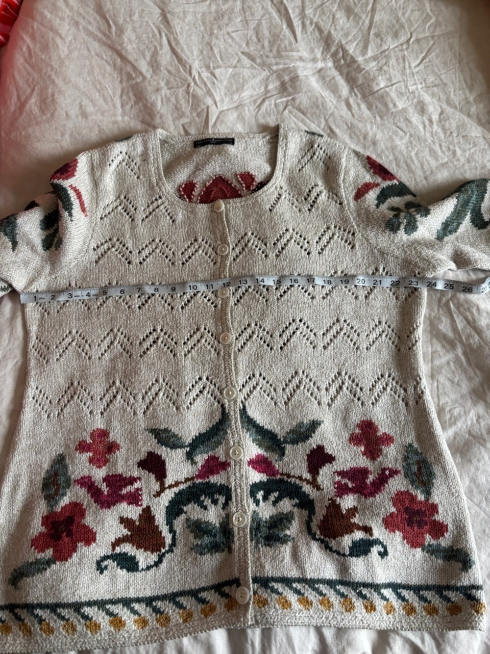 Peruvian Connection Pima Cotton and Alpaca Cream Cardigan Sweater Floral XL - Picture 10 of 10